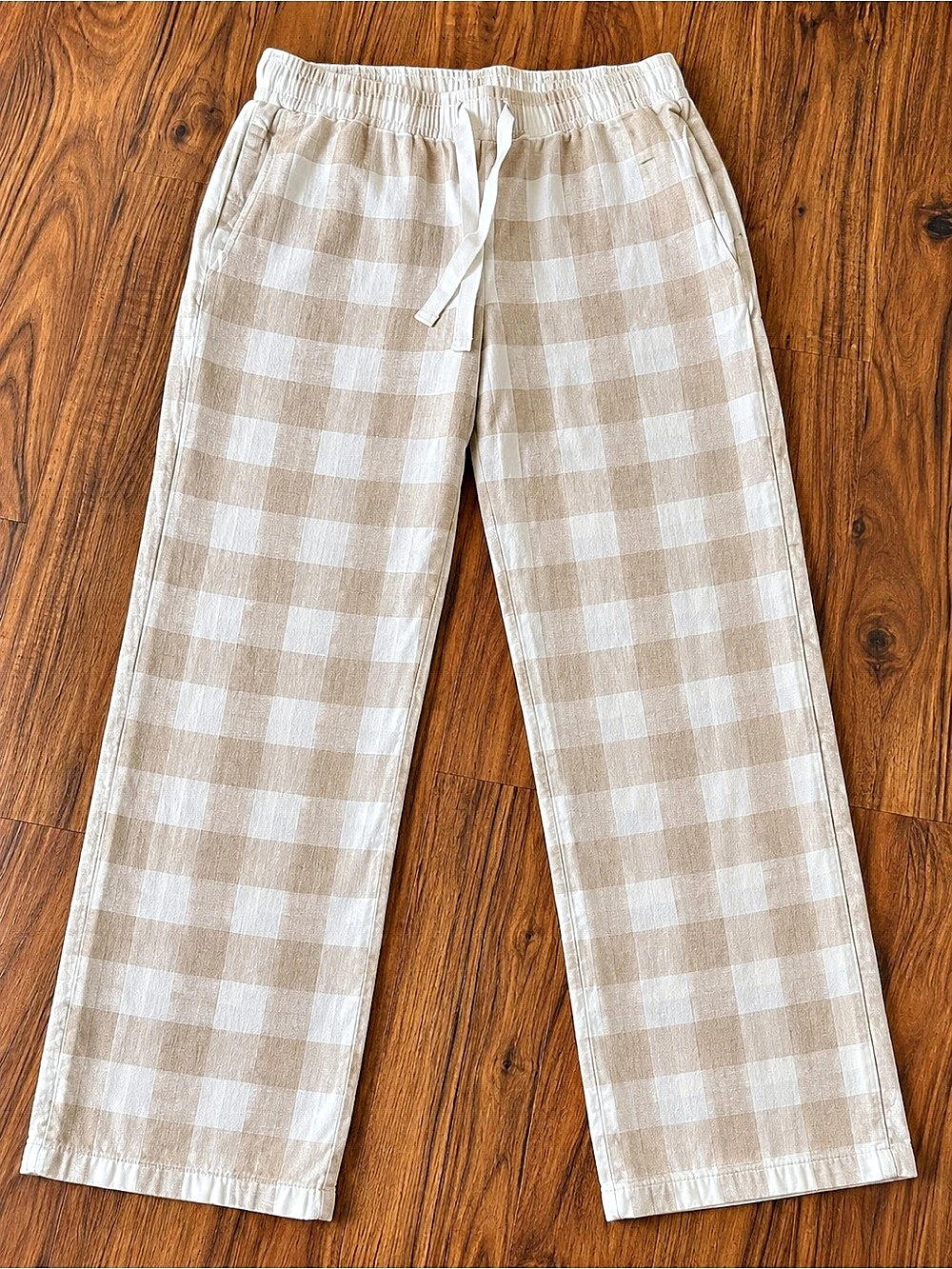 Marine Layer Resort Pants Gingham Straight Leg Pants in Beige & White Size Mediu